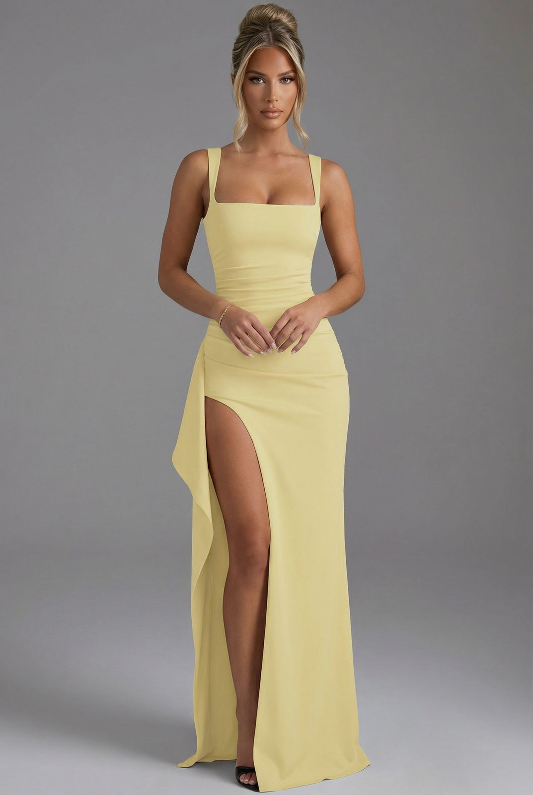Pale Yellow Crepe Draped Detail Bodycon Maxi Dress Pale Yellow Crepe Draped Detail Bodycon Maxi Dress — Shrink Wrap Outfits 2027