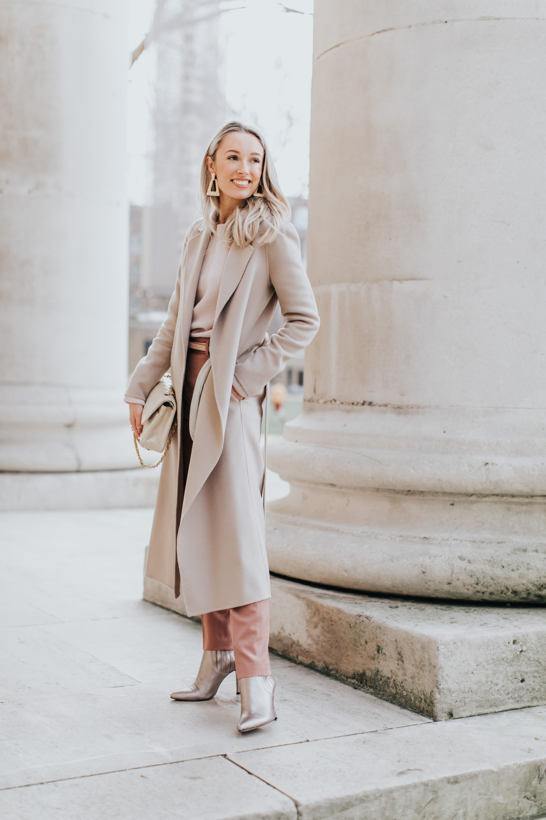 Long Beige Coat with Metallic Boots for Chic Sophistication Long Beige Coat with Metallic Boots for Chic Sophistication — Chilly Spring Outfits 2027