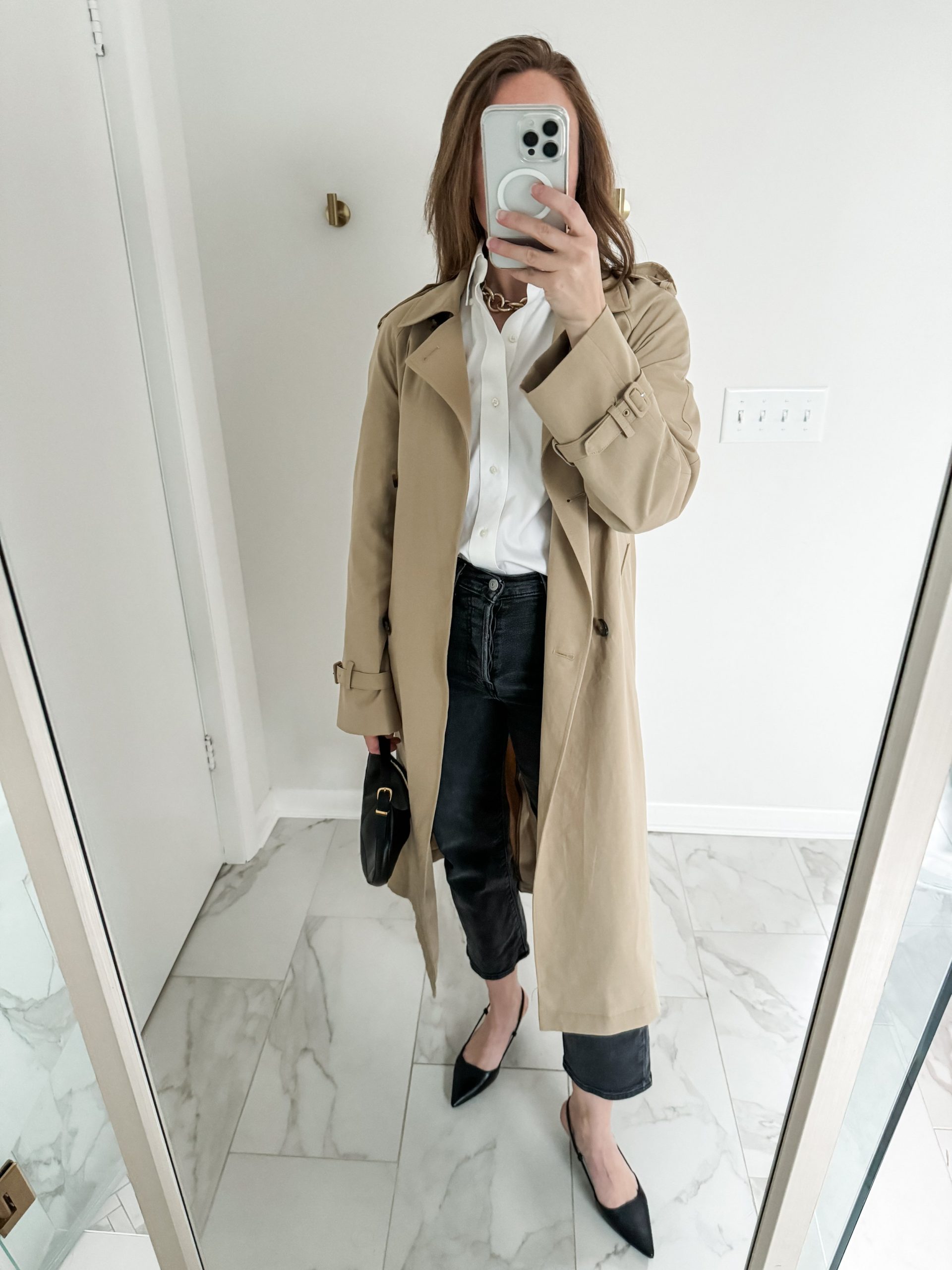 Polished Beige Trench with White Shirt and Black Jeans — Beige Spring Outfits 2027