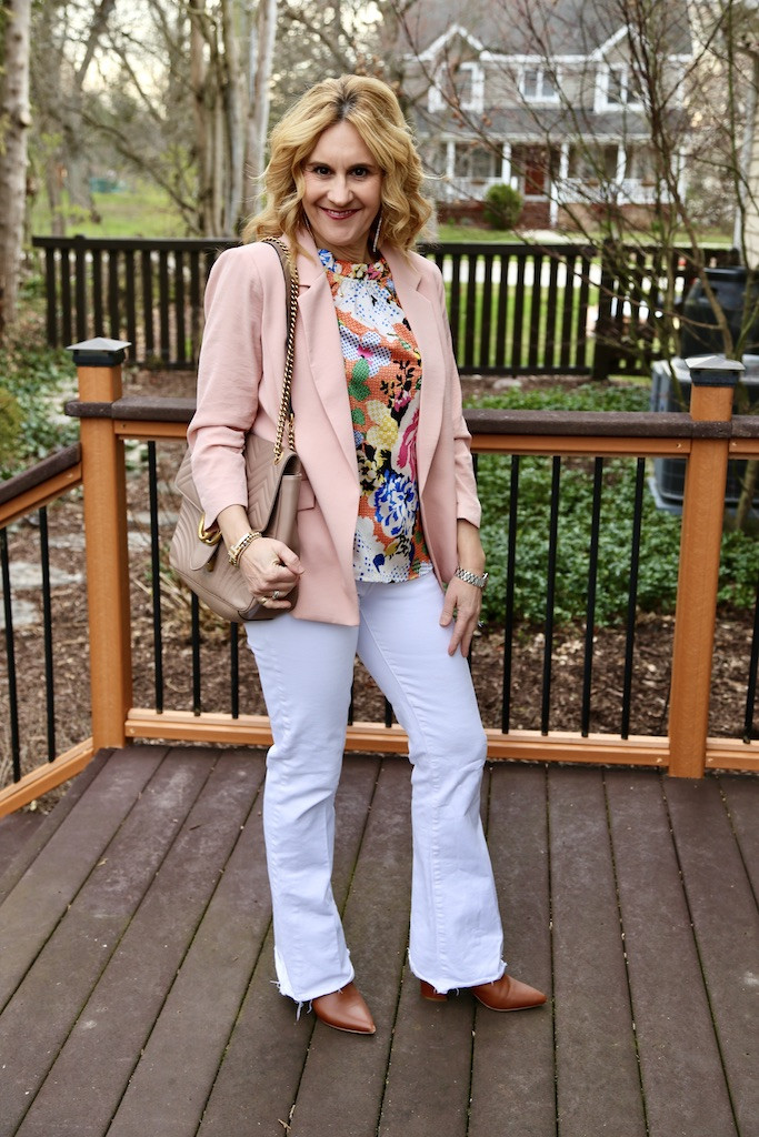 Pink Blazer with Colorful Printed Blouse and White Flare Jeans Pink Blazer with Colorful Printed Blouse and White Flare Jeans — Blouse Outfits 2027 with Blazer
