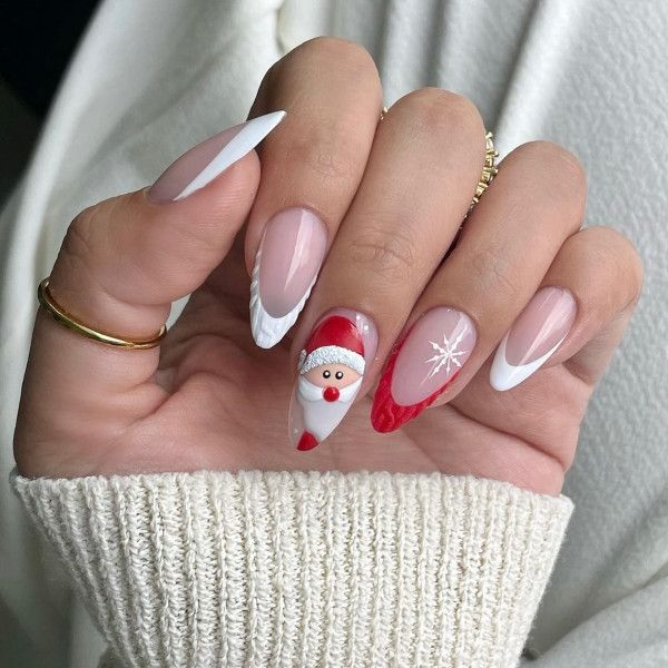 Medium Almond 3D Santa Face Textured French Nails Medium Almond 3D Santa Face Textured French Nails — Santa Nails 2026