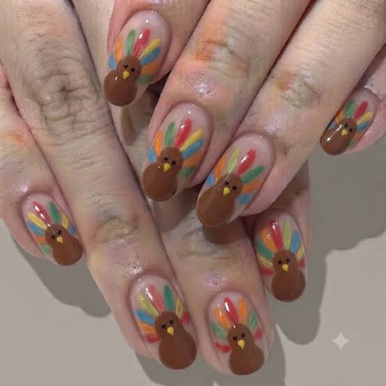Nude Base with Detailed Turkey Art — Simple Thanksgiving Nails 2026