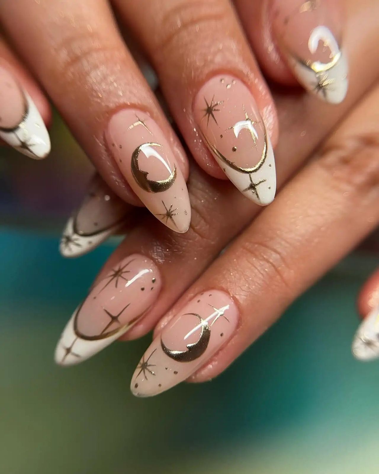 Nude with Gold Celestial Outlines and Tips — Moon and Stars Nails 2027