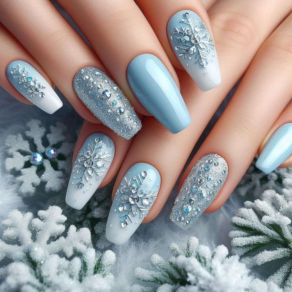 Long Coffin Gradient 3D Snowflakes Long Coffin Gradient 3D Snowflakes — Blue Christmas Nails 2026