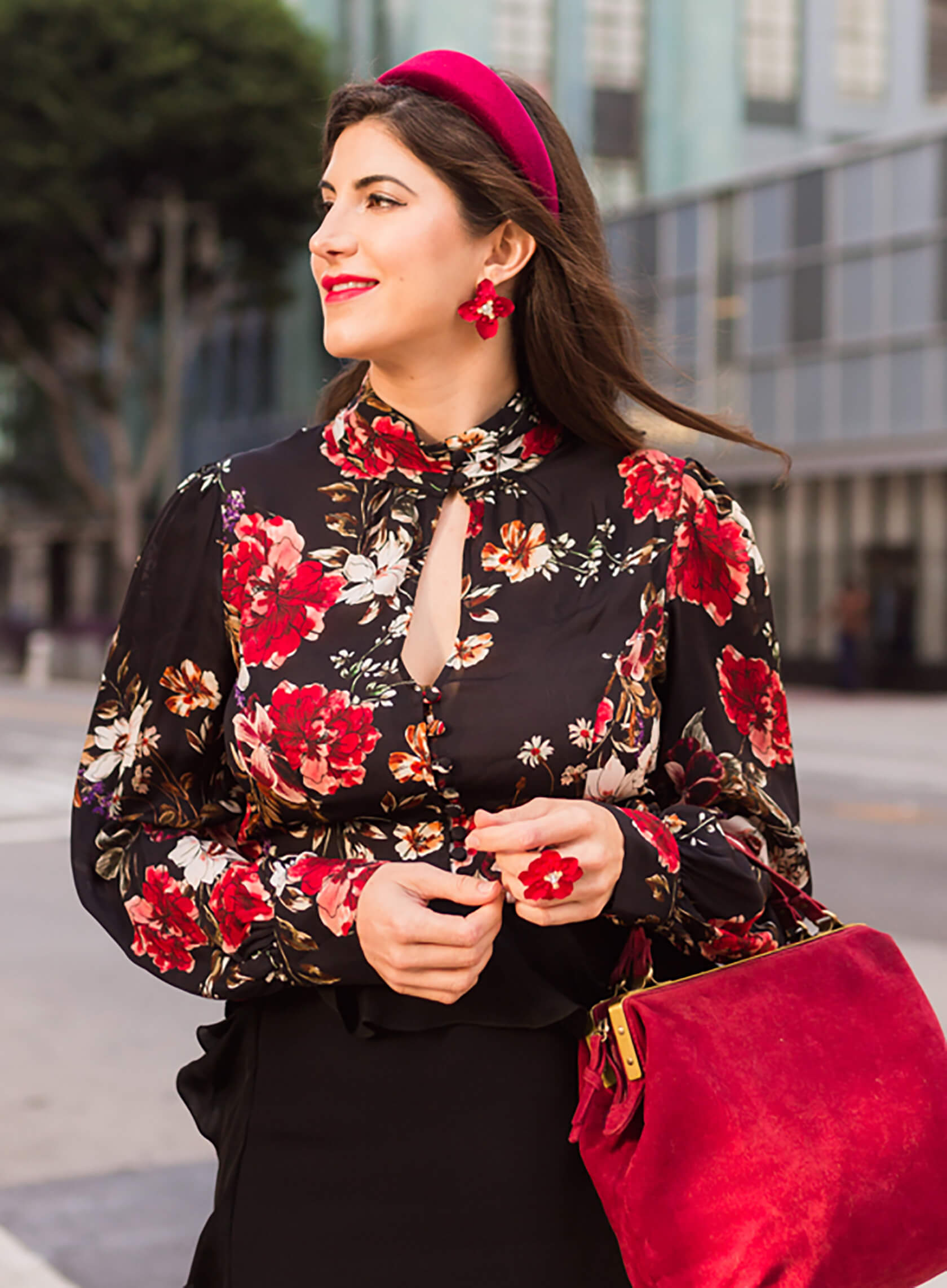 Festive Flair: Red Bow Headband with Floral Blouse — Headband Outfits 2027