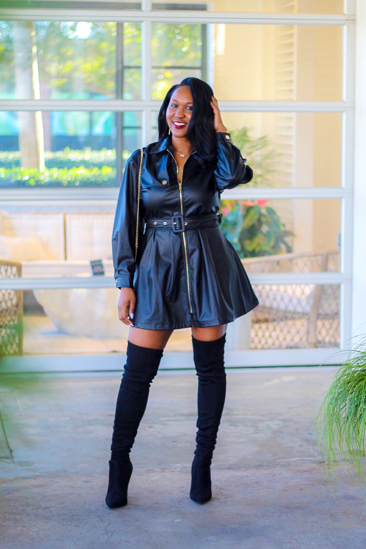 Bold Evening Statement: Leather Dress with Over-the-Knee Boots Bold Evening Statement: Leather Dress with Over-the-Knee Boots — Dress 2027 with Leather Jacket Outfit