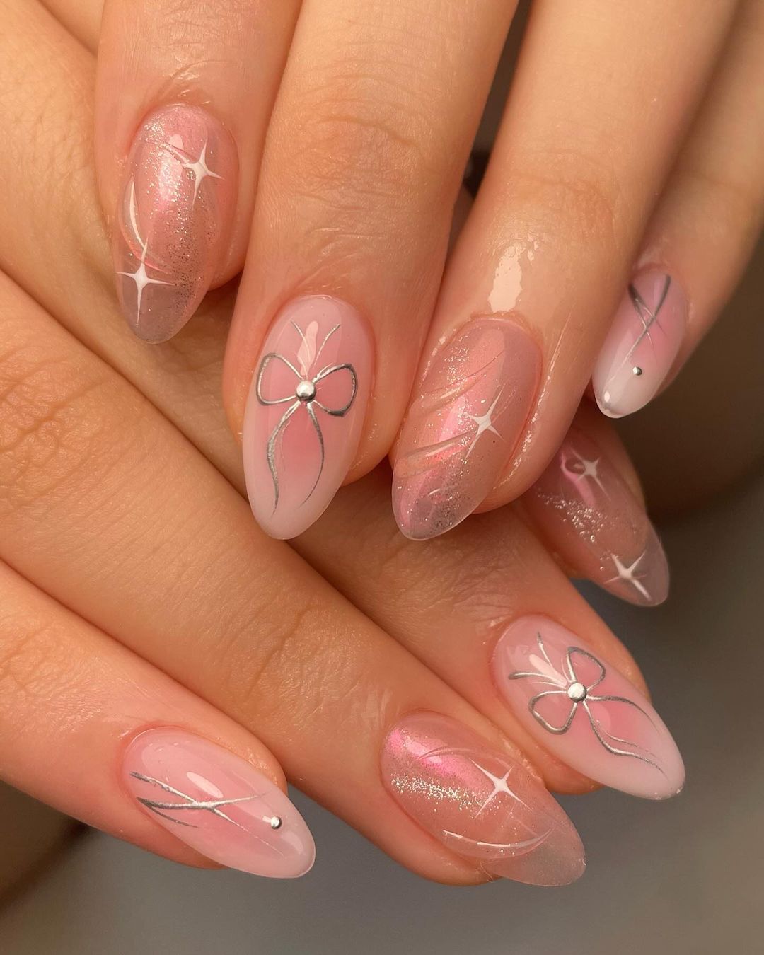 Pale Pink Shimmer with Silver Glitter Bows — Pink Bow Nails 2027