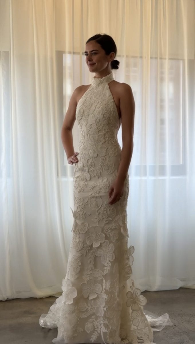 Modern Elegance: Floral Appliqué on Column Dress — Wedding Dress Trends 2027