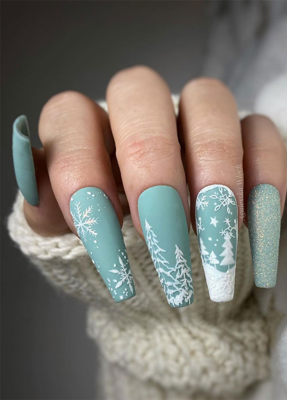 Muted Teal Winter Scene Coffin Nails Muted Teal Winter Scene Coffin Nails — Winter Coffin Nails 2027