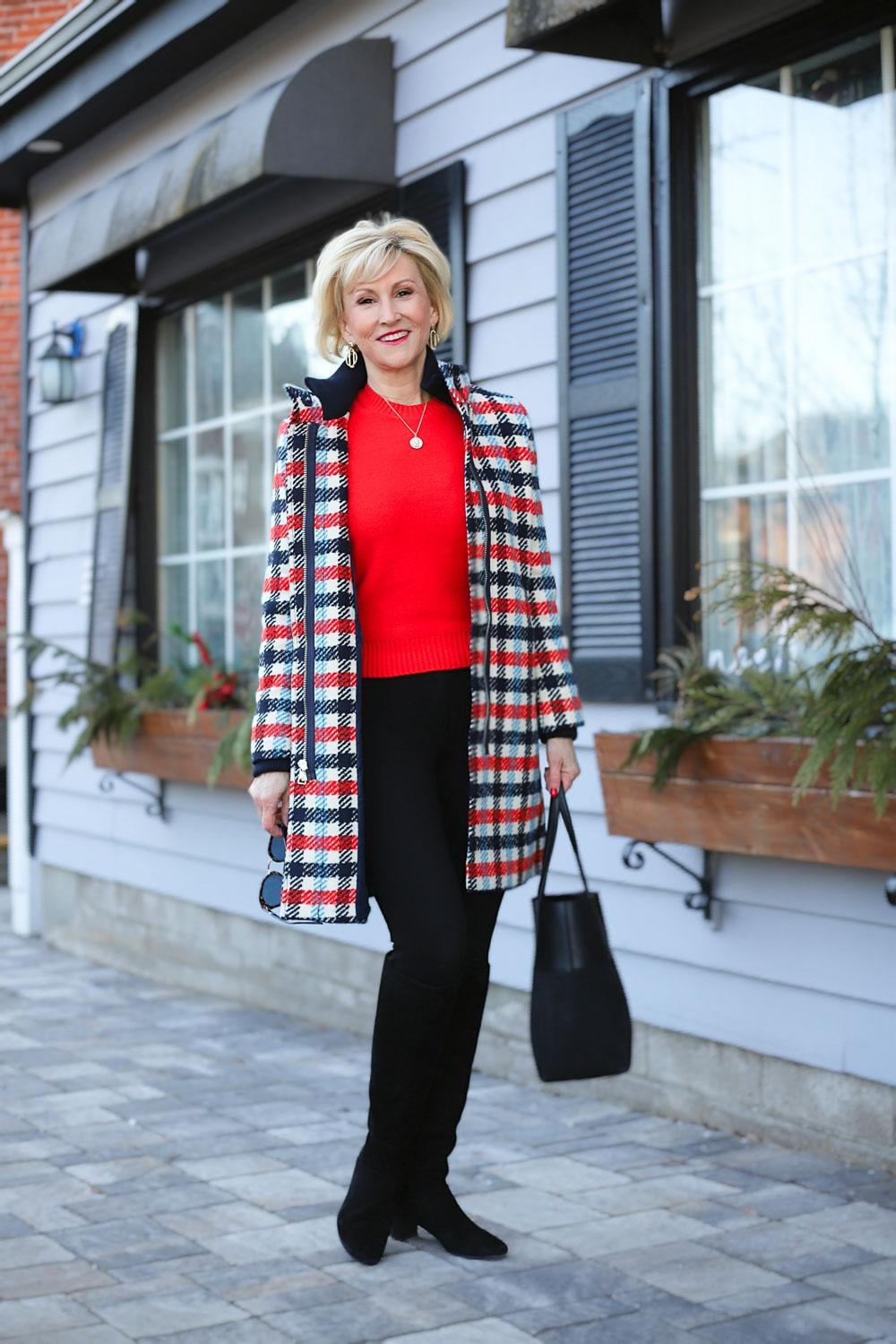 Red Plaid Coat Over Red Sweater and Black Trousers Red Plaid Coat Over Red Sweater and Black Trousers — Winter Colorful Outfits 2027
