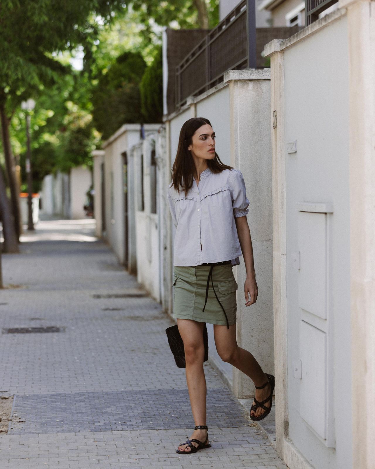 Olive Green Cargo Mini Skirt with Light Grey Button-Up Shirt and Flat Sandals Olive Green Cargo Mini Skirt with Light Grey Button-Up Shirt and Flat Sandals — Olive Green Mini Skirt Outfits 2027