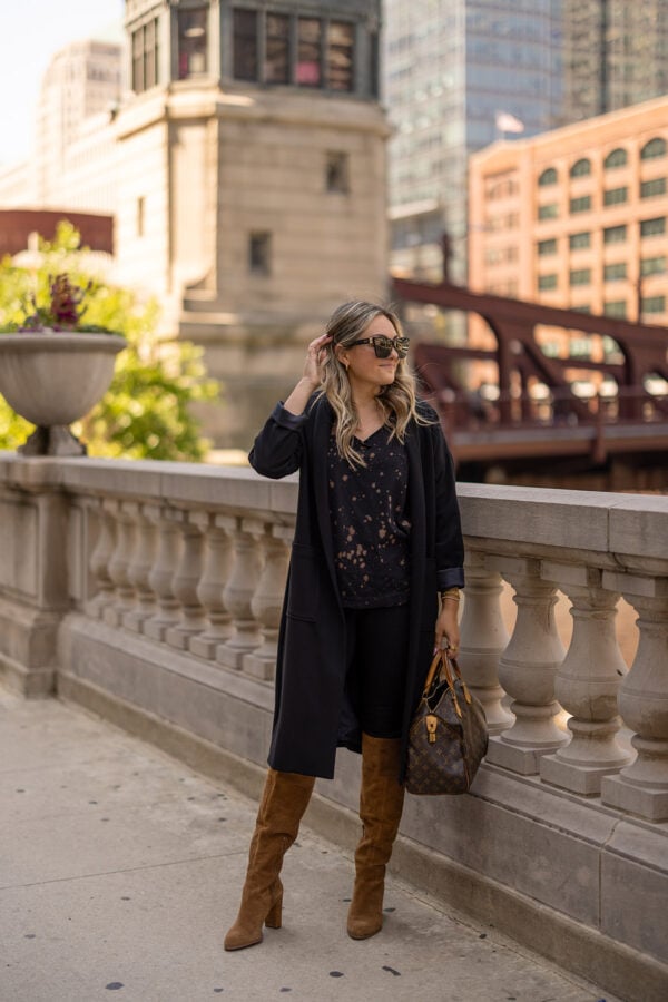 Sophisticated Fall Day: Black Duster Coat and Knee-High Boots Sophisticated Fall Day: Black Duster Coat and Knee-High Boots — Chicago Outfits 2027