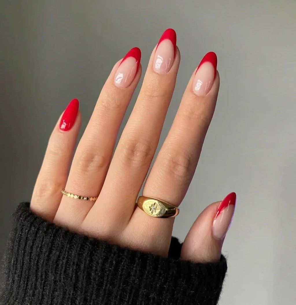 Red Tips Sheer Nude Base Classic Red French Medium Almonds — Red French Tip Nails 2027