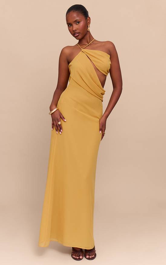Mustard Chiffon Maxi Dress with Draped Bodice and Cut-Out Detail — Mustard Outfits 2027