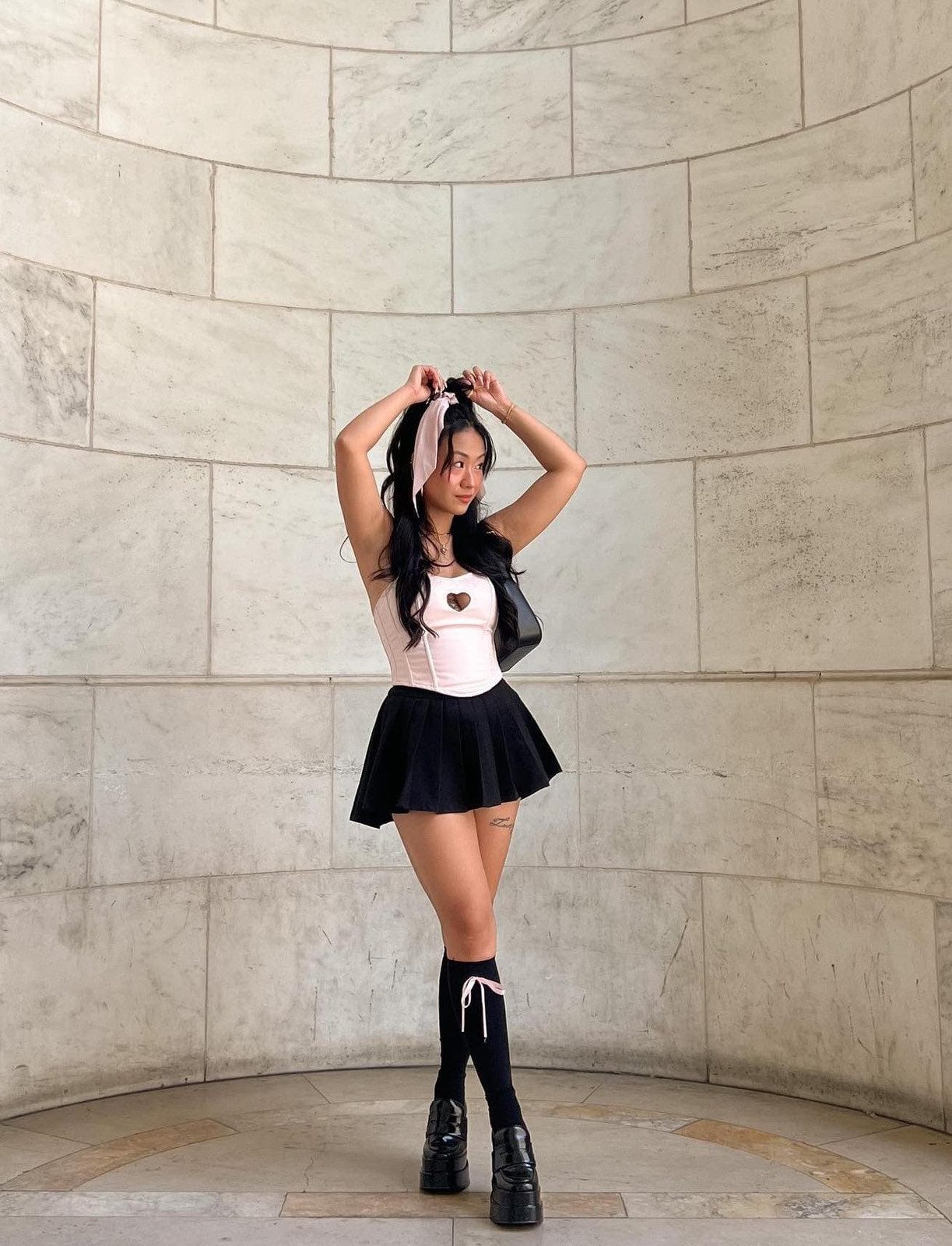 Crew Socks with Pink Bows Paired with a Corset Top and Mini Skirt Crew Socks with Pink Bows Paired with a Corset Top and Mini Skirt — Coquette Socks Outfits 2027