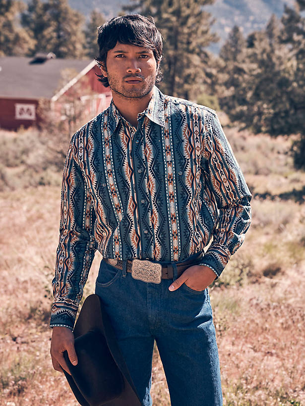Teal and Orange Print Shirt with Silver Buckle Belt Teal and Orange Print Shirt with Silver Buckle Belt — Rodeo Outfits 2027