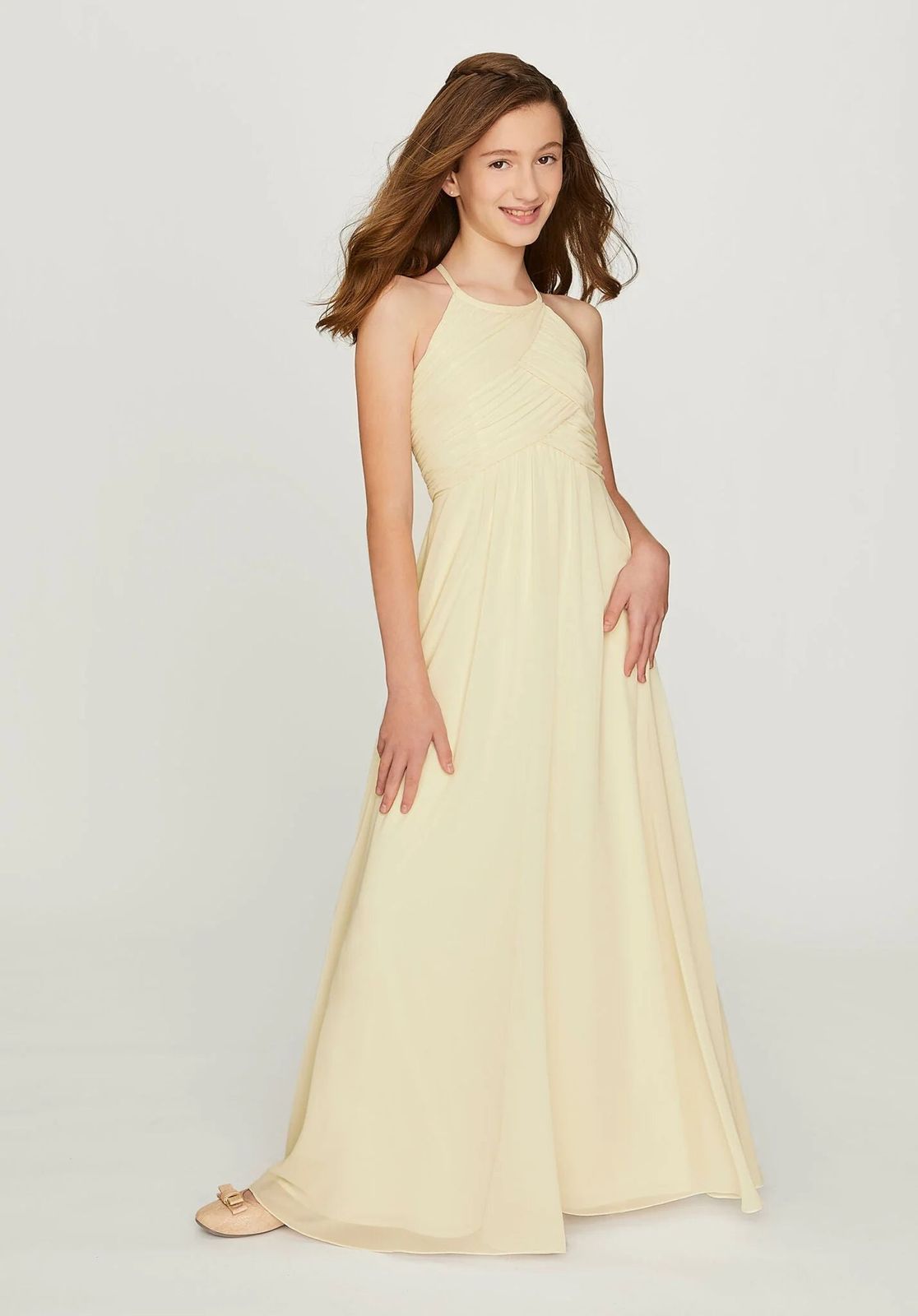 Pale Yellow Chiffon Halter with Ruched Bodice Pale Yellow Chiffon Halter with Ruched Bodice — Junior Bridesmaid Dress 2027