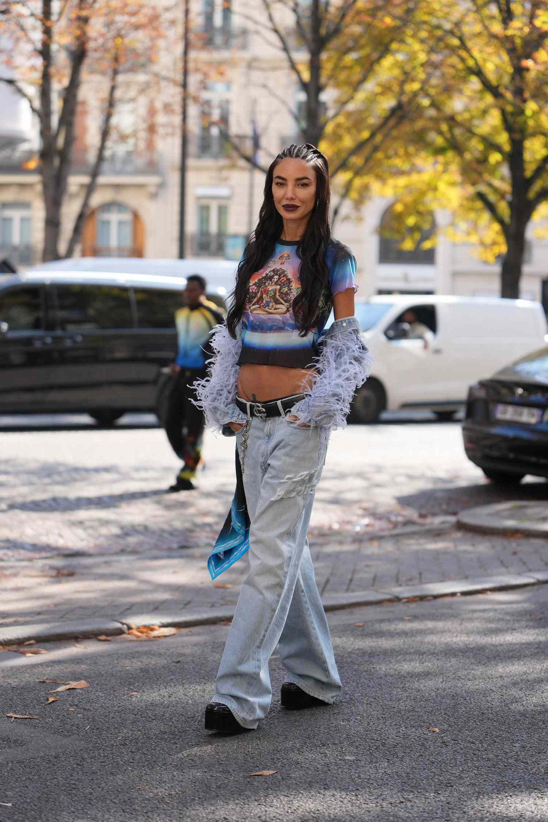Light Blue Wide Leg Jeans with a Feather-Trimmed Jacket — Straight Leg Jeans Outfits 2027 with Graphic Tee
