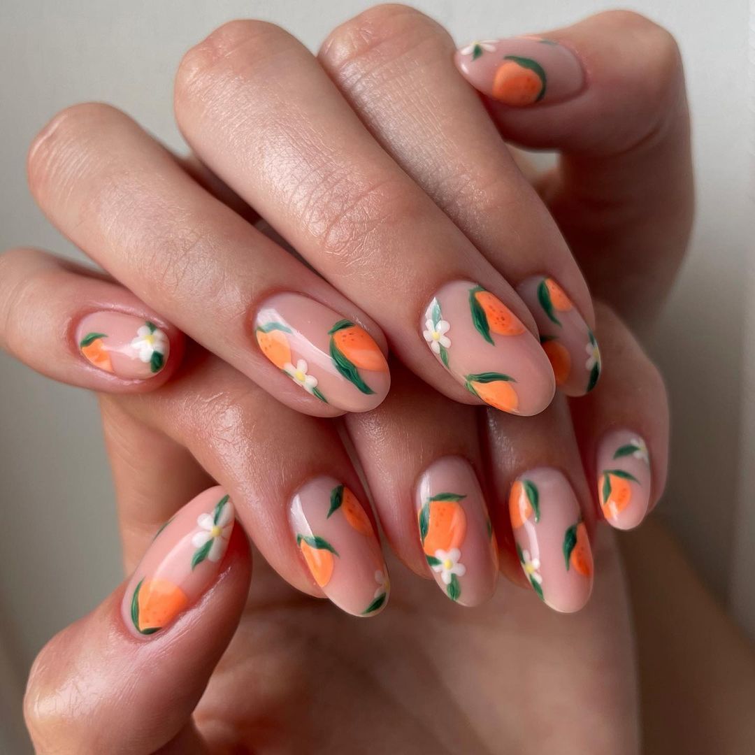 Nude Base Orange Green White Visual Idea Nude Base Orange Green White Visual Idea — Orange Summer Nails 2027