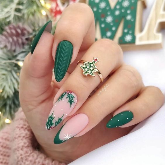 Textured Green Sweater Nails Visual Idea — Christmas Sweater Nails 2026