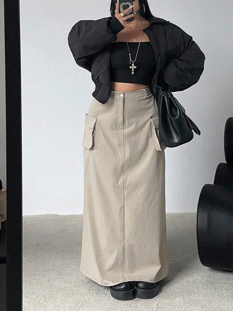 Beige Maxi Cargo Skirt with Oversized Puffer Jacket — Cargo Skirts 2027