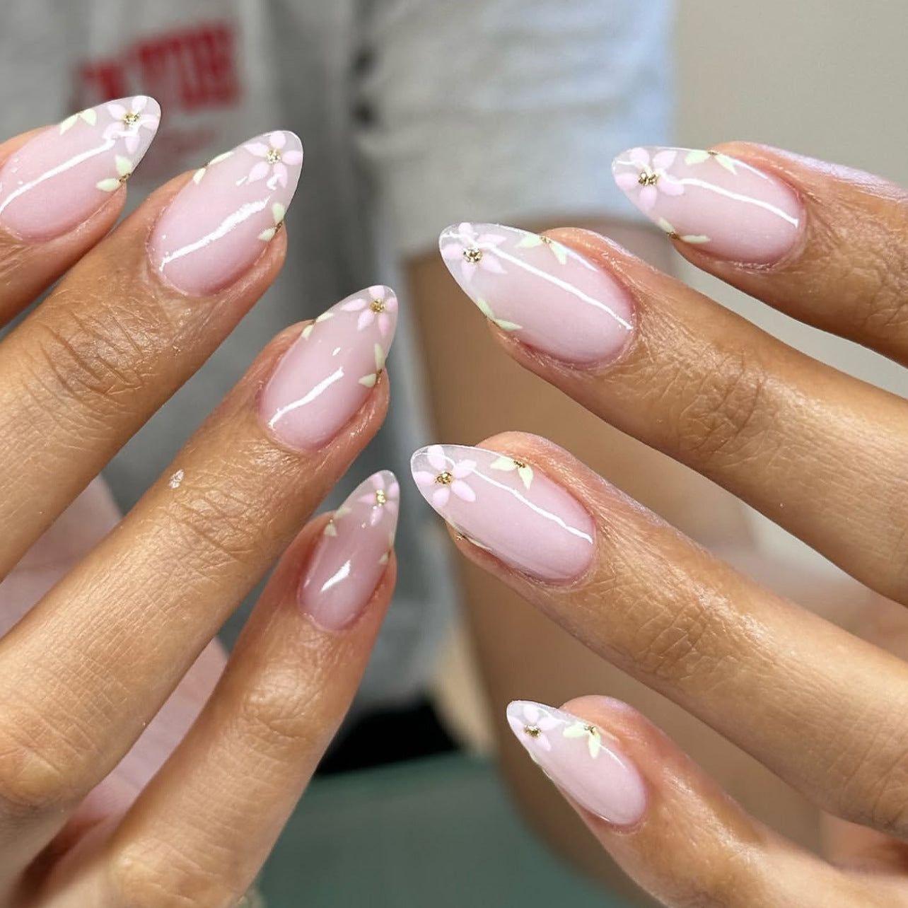 Sheer Nude Floral Free Edge Almonds Sheer Nude Floral Free Edge Almonds — Long Floral Nails 2027