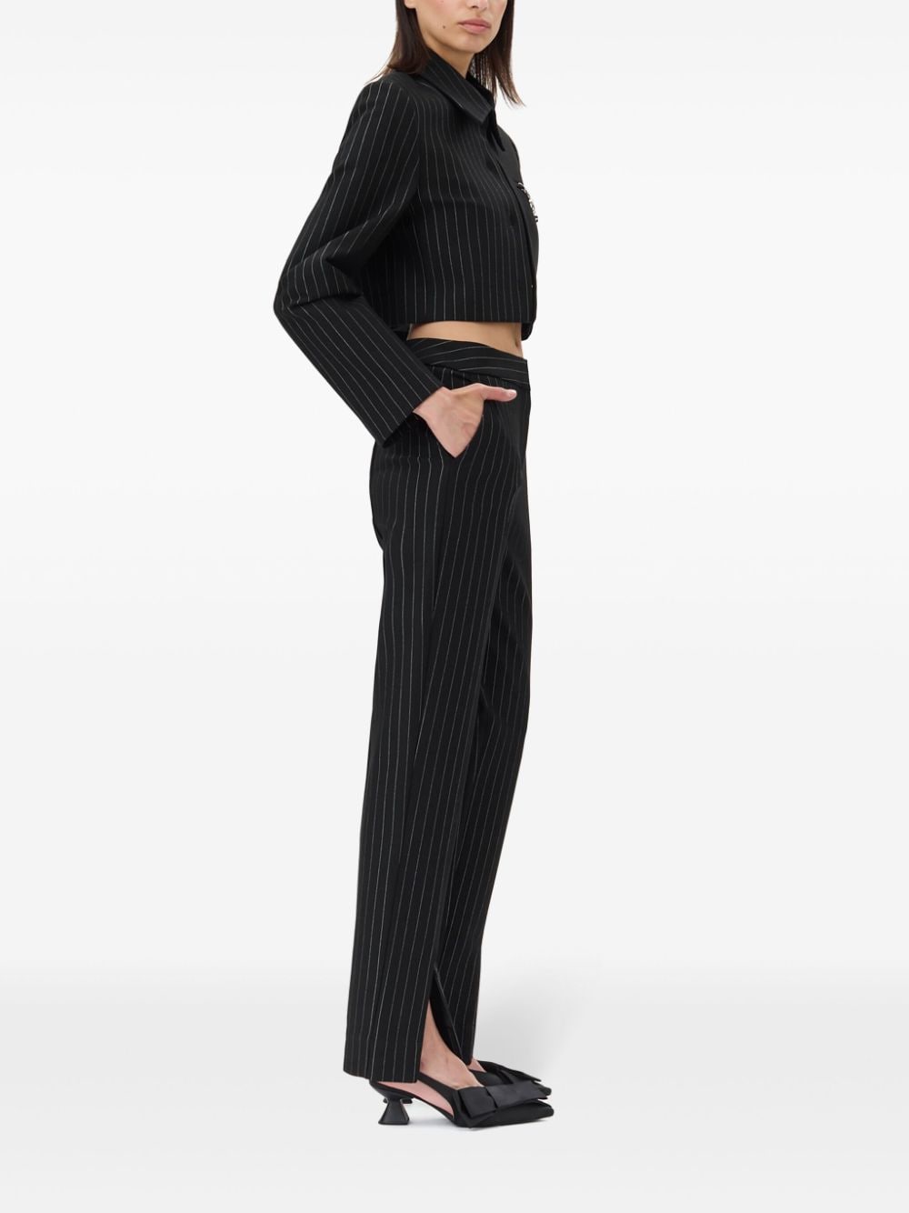Fashion Editorial Black and White Pinstripe Cropped Blazer with Wide-Leg Trousers Fashion Editorial Black and White Pinstripe Cropped Blazer with Wide-Leg Trousers — Cropped Blazer Outfits 2027