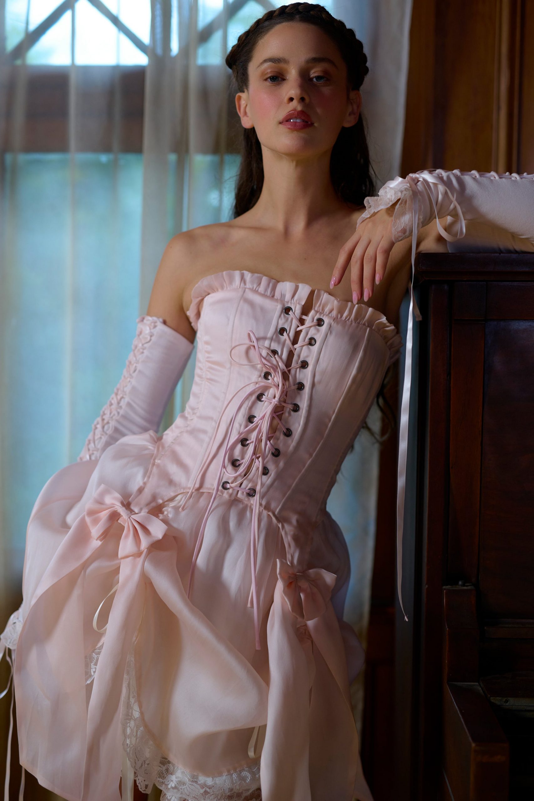 Romantic Drama: Pink Corset with Ruffled Skirt and Lace Gloves Romantic Drama: Pink Corset with Ruffled Skirt and Lace Gloves — Coquette Corset Top Outfits 2027