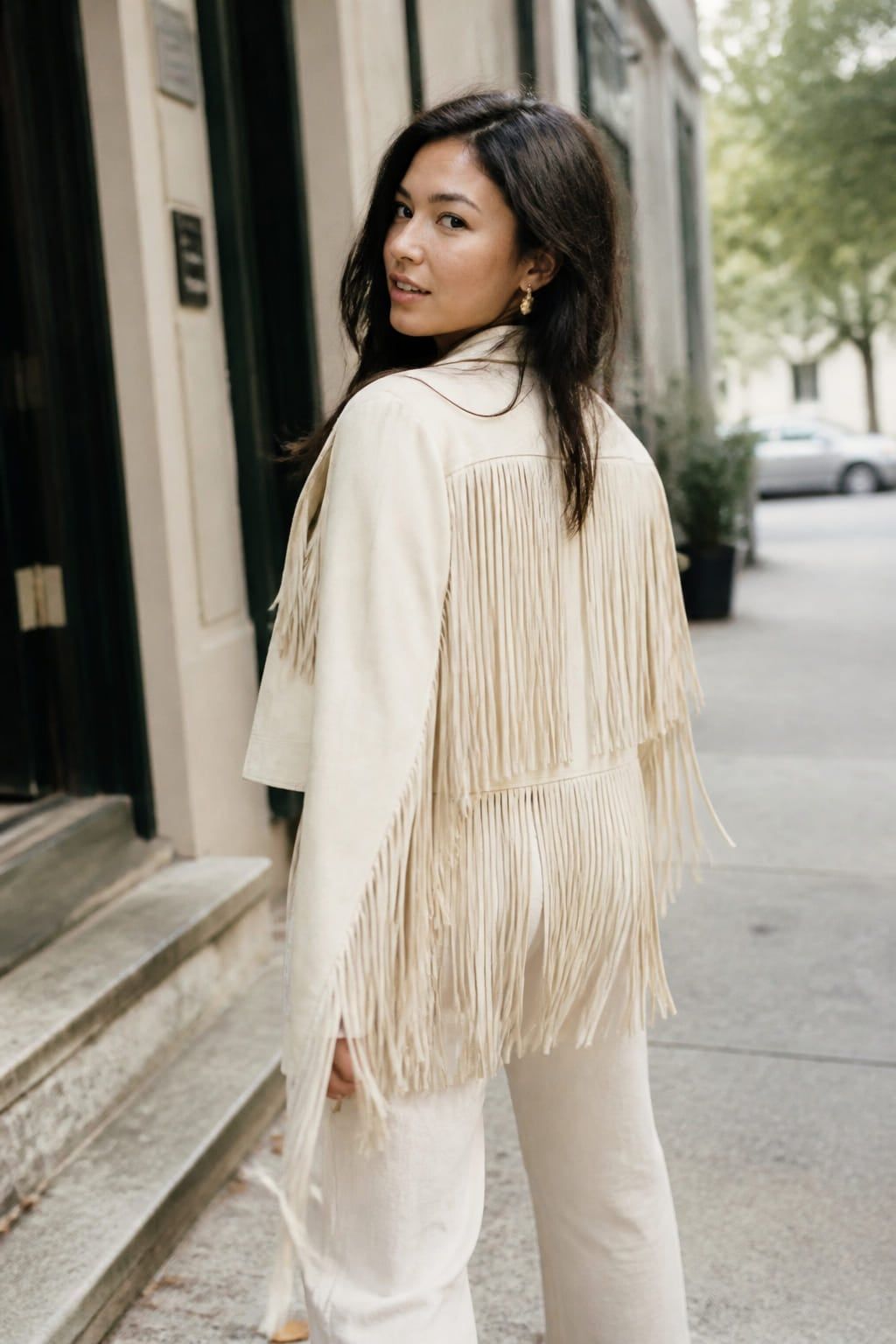 Monochromatic Texture: Cream Suede Fringe Jacket with Linen Pants Monochromatic Texture: Cream Suede Fringe Jacket with Linen Pants — Fringe Jacket Outfits 2027