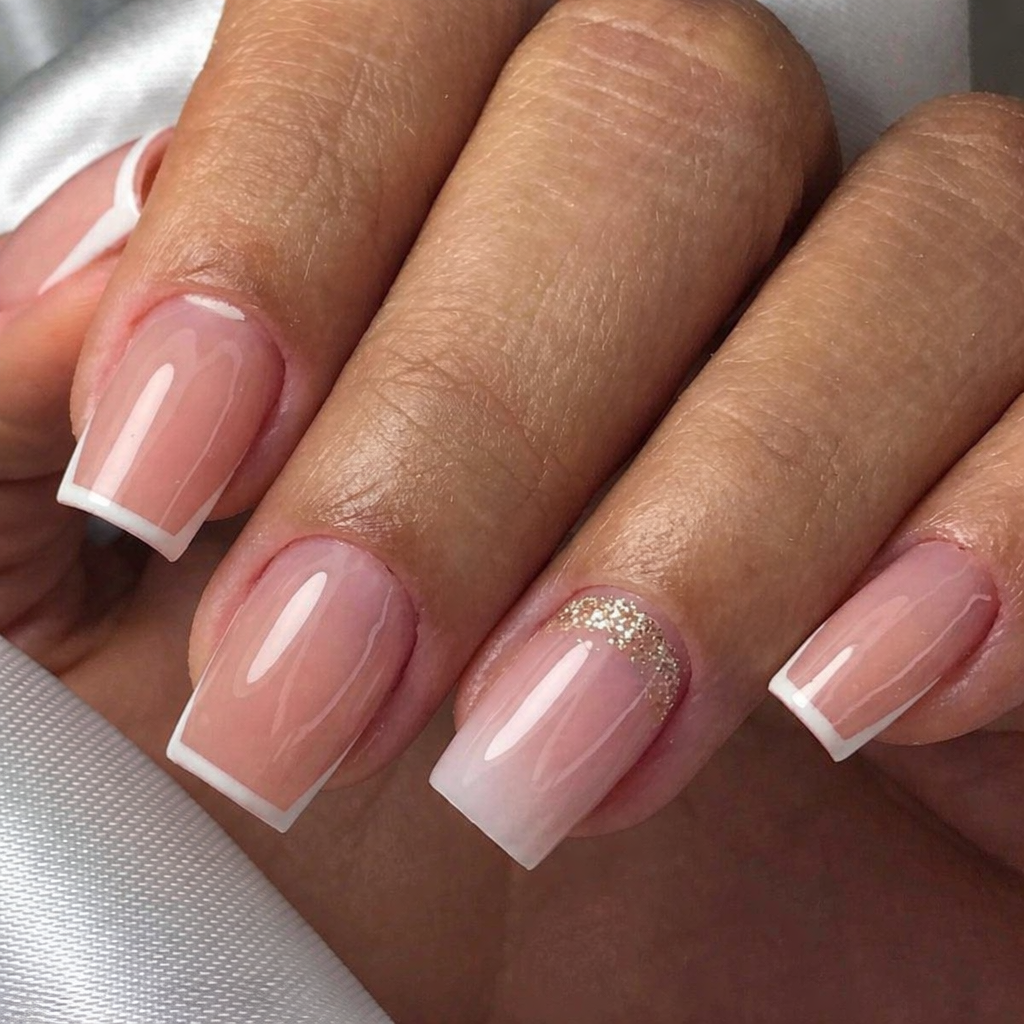 Short Square French with Gold Glitter Cuticle Accent Short Square French with Gold Glitter Cuticle Accent — Wedding Square Nails 2027