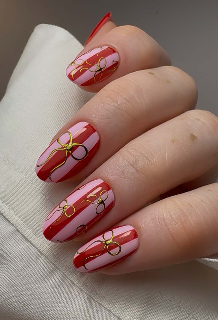 Red and Pink Stripes with Gold Bows Red and Pink Stripes with Gold Bows — Pink and Red Nails 2027