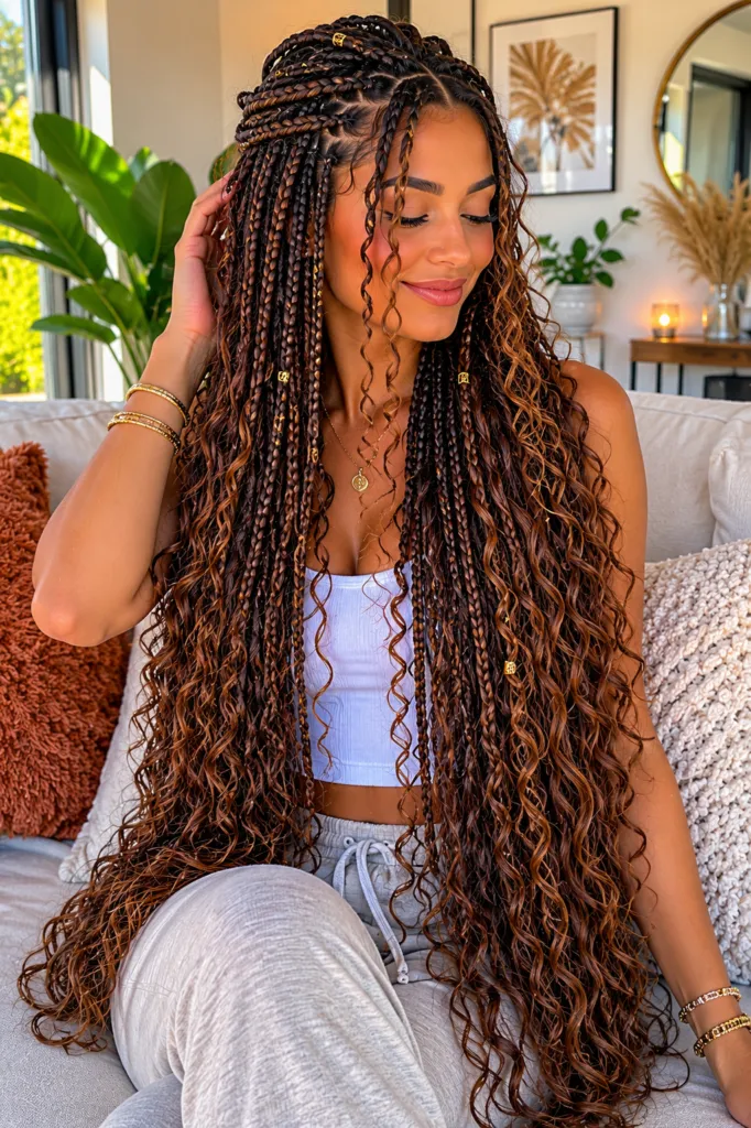 Honey and Dark Brown Box Braids with Beads Honey and Dark Brown Box Braids with Beads — Boho Braids 2027