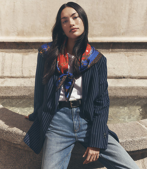 Polished Pinstripe Blazer with Silk Scarf Polished Pinstripe Blazer with Silk Scarf — Downtown Girl Outfits 2027