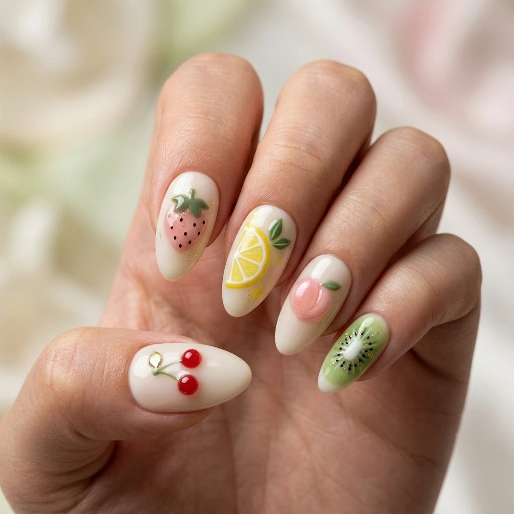 3D Fruit Medley Almond Nails 3D Fruit Medley Almond Nails — Summer Almond Nails 2027