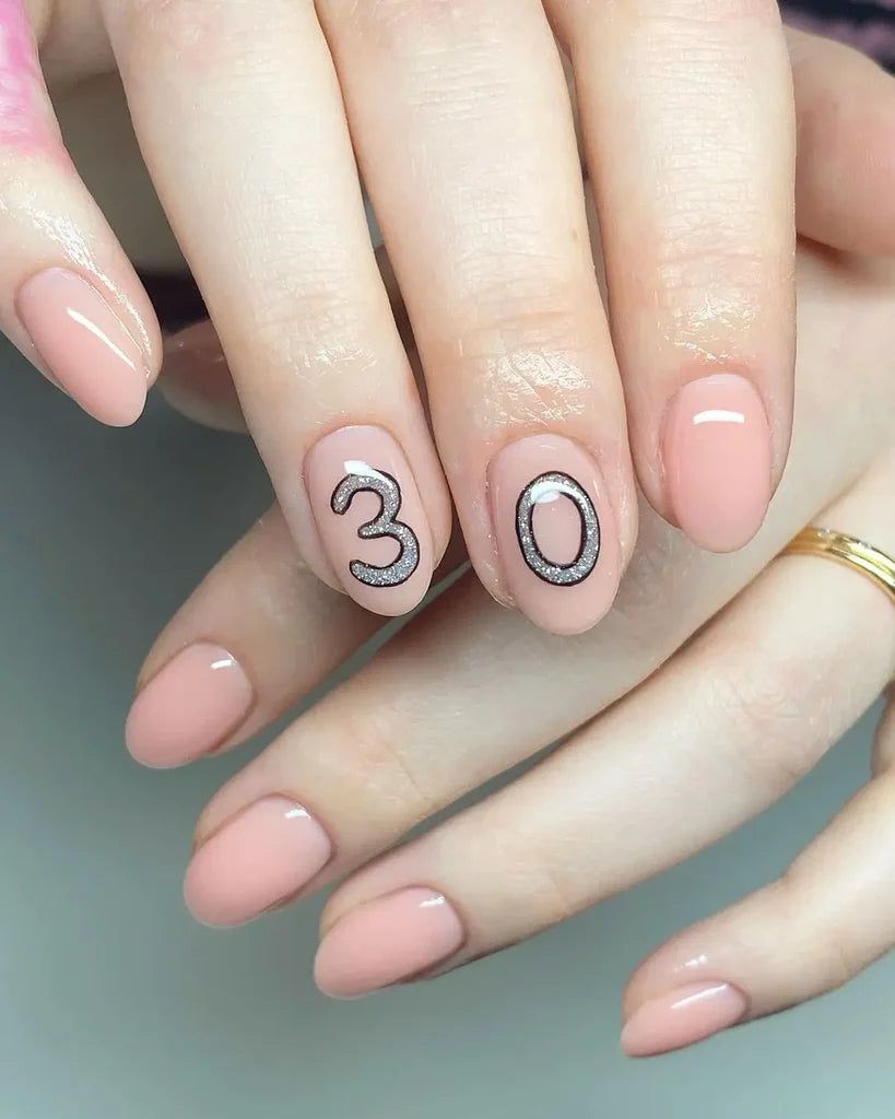 Glossy Subtle Glitter Pale Pink Medium Oval with Silver Outline '30' — 30th Birthday Nails 2027