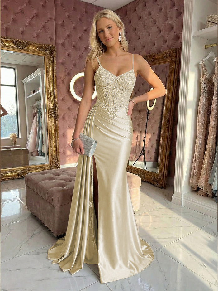 Champagne Satin Dress with Beaded Corset and High Slit Champagne Satin Dress with Beaded Corset and High Slit — Satin Dress Outfits 2027