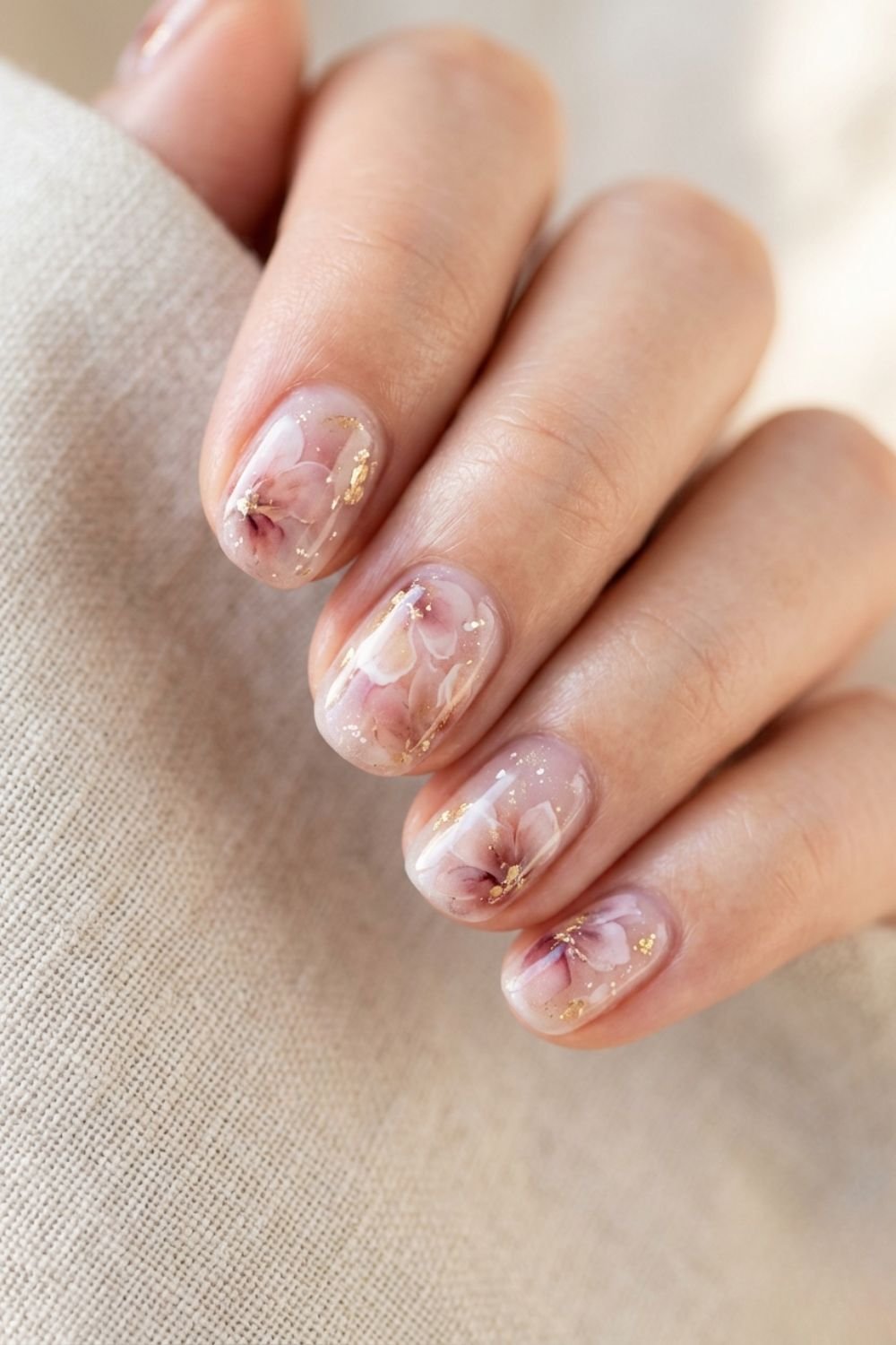 Ethereal Floral with Gold Flake Accents Ethereal Floral with Gold Flake Accents — Simple Short Nails 2027