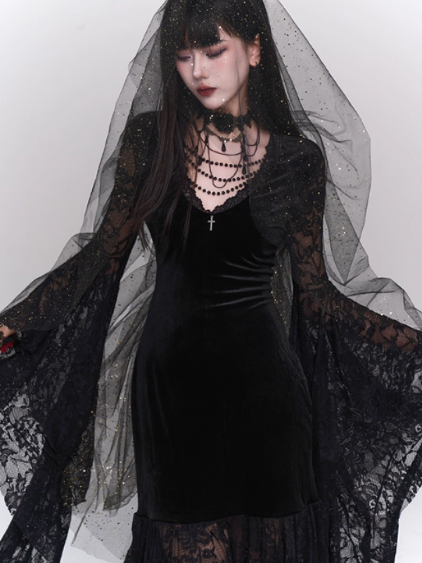 Party Casual Velvet Dress with Lace Bell Sleeves and Trim Party Casual Velvet Dress with Lace Bell Sleeves and Trim — Goth Lace Outfits 2027