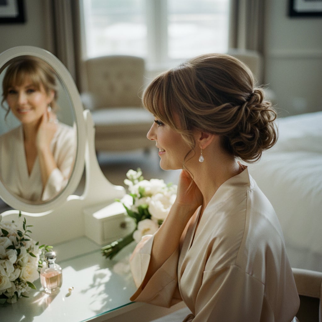 Honey Blonde Loose Updo With Curtain Bangs Honey Blonde Loose Updo With Curtain Bangs — Wedding Bangs 2027