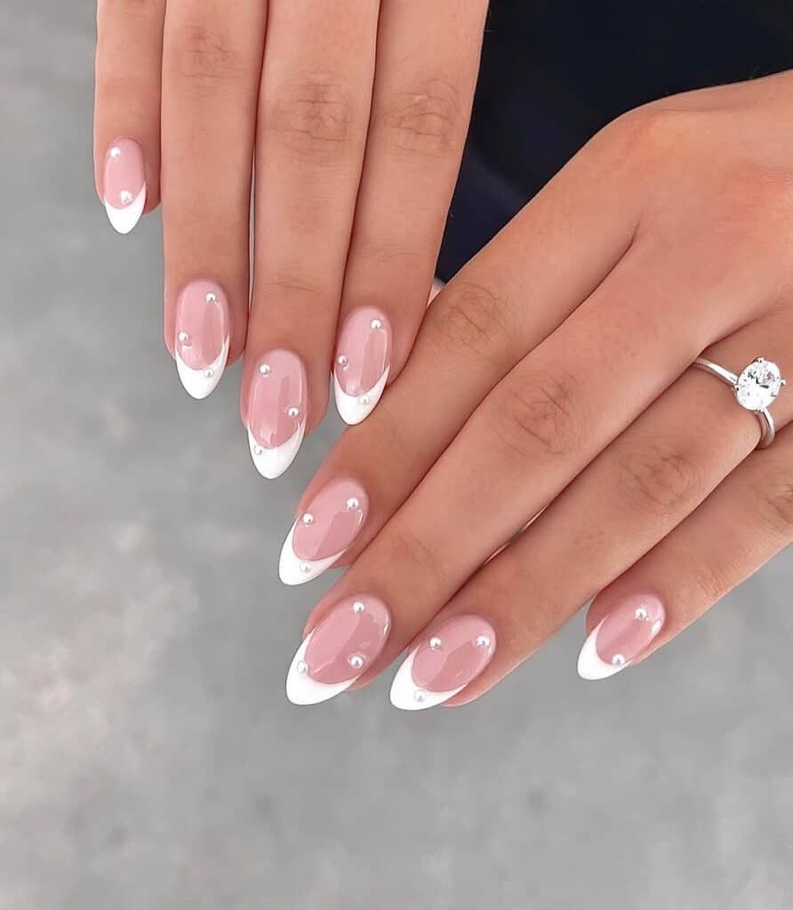 Medium Almond French with Pearl Accents Medium Almond French with Pearl Accents — Long Wedding Nails 2027