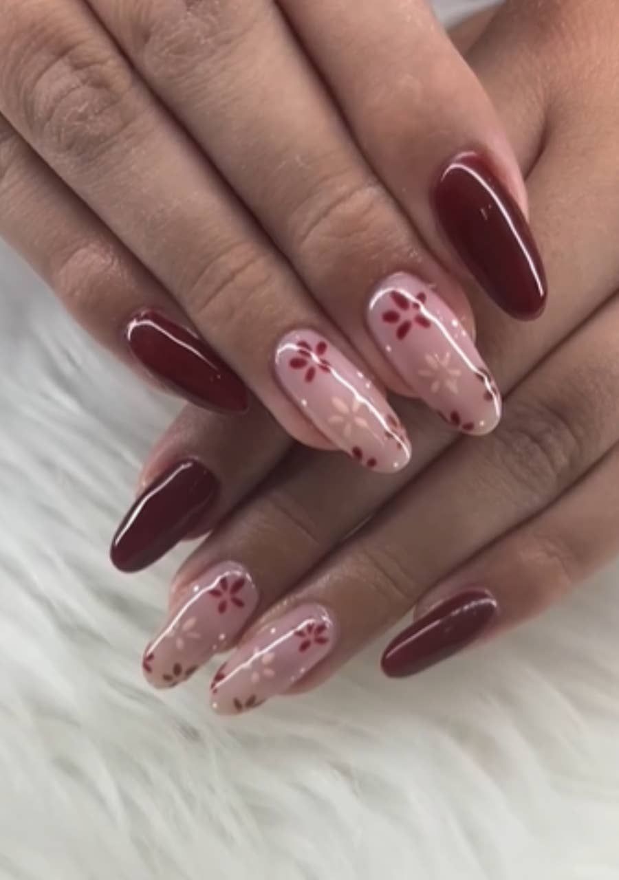 Burgundy With Delicate Floral Accents — Burgundy Nails 2027