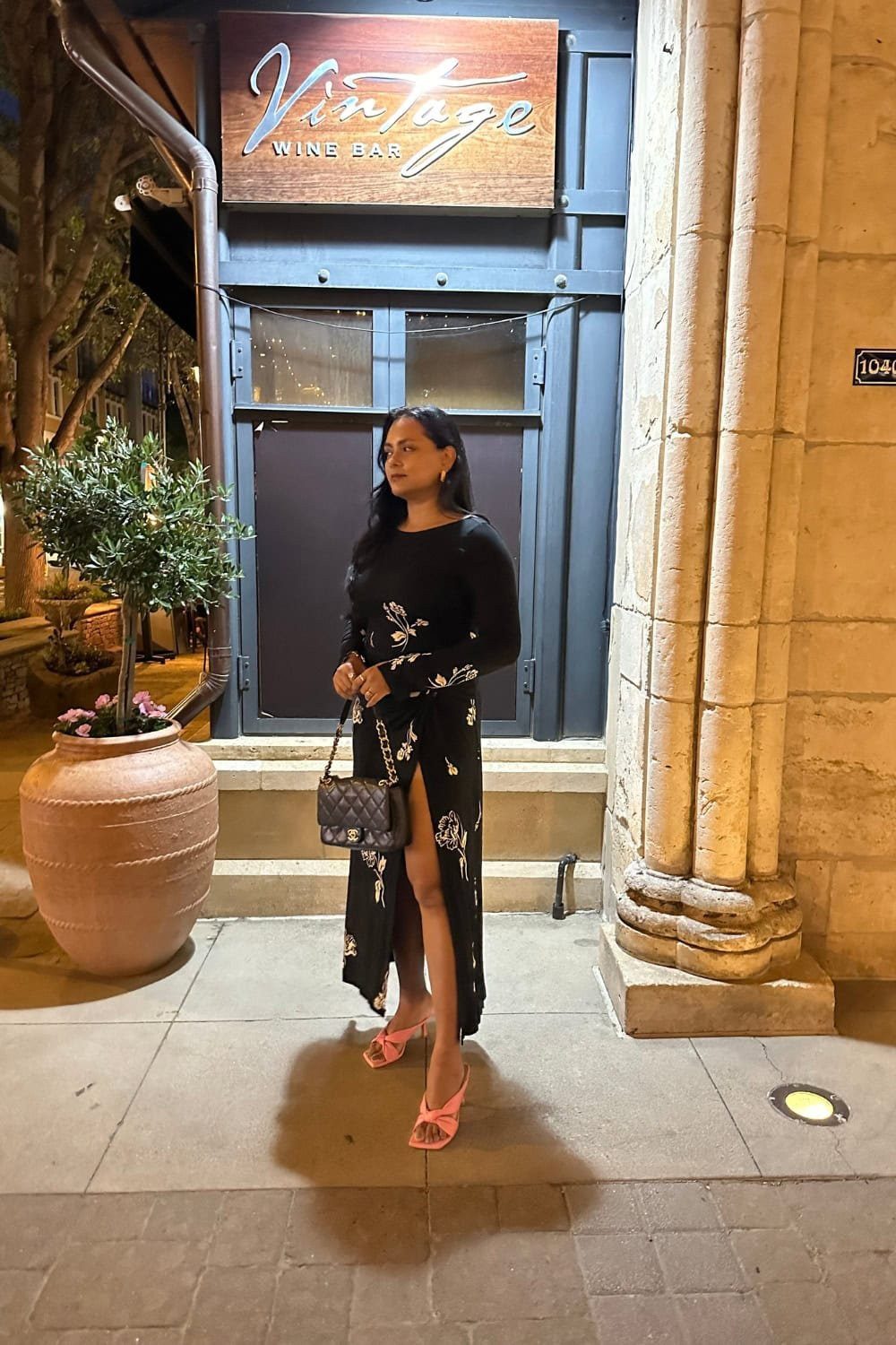 Elegant Print: Black Floral Maxi Dress with High Slit — Cocktail Bar Outfits 2027