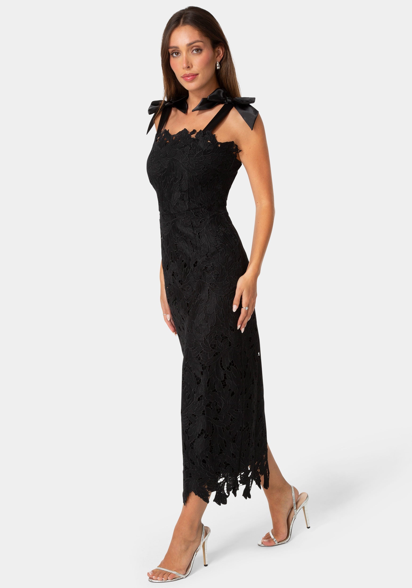 Black Lace Midi Dress with Satin Bow Straps Black Lace Midi Dress with Satin Bow Straps — Bows and Lace Outfits 2027