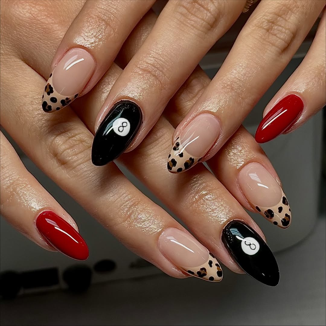 Mixed Media Almonds: Red, Black 8-Ball, Leopard French Mixed Media Almonds: Red, Black 8-Ball, Leopard French — Long Almond Nails 2027