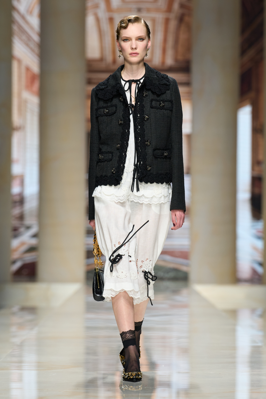 Fashion Show Glamour: Tweed Jacket and Lace-Trimmed Dress Modest Outfits 2027