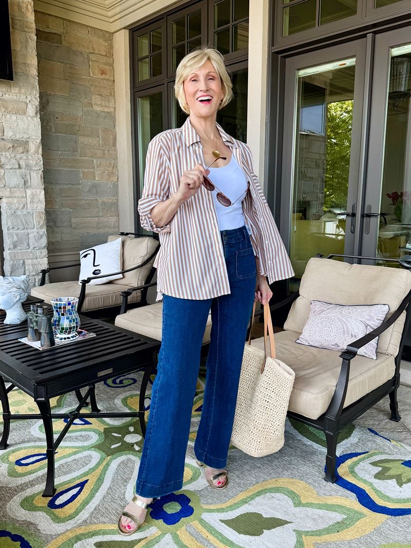 Brown Striped Oversized Shirt with Dark Denim and Gold Sandals — Oversized Shirt Outfits 2027