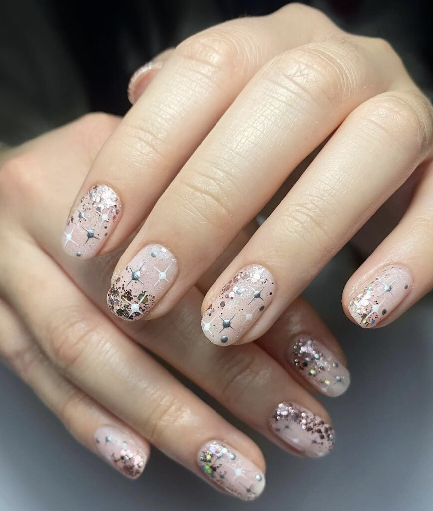 Short Oval Glitter Nails with Star Accents Short Oval Glitter Nails with Star Accents — New Years Eve Nails 2027