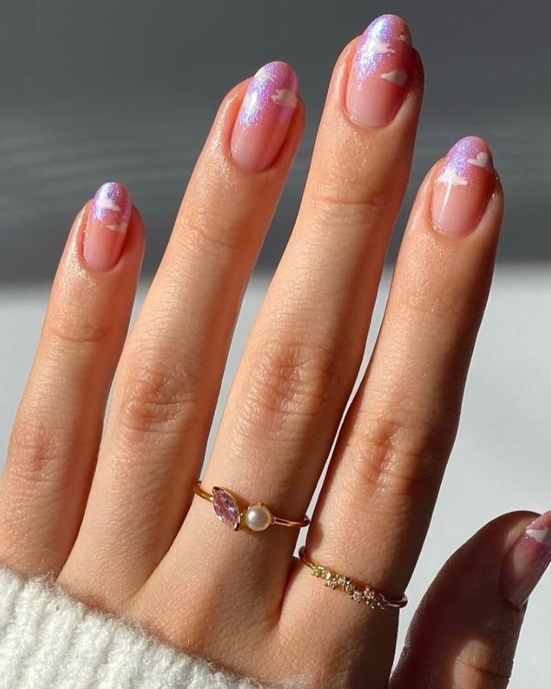Medium Oval Pink Gold Clouds Stars French Tips Medium Oval Pink Gold Clouds Stars French Tips — Pink Cloud Nails 2027