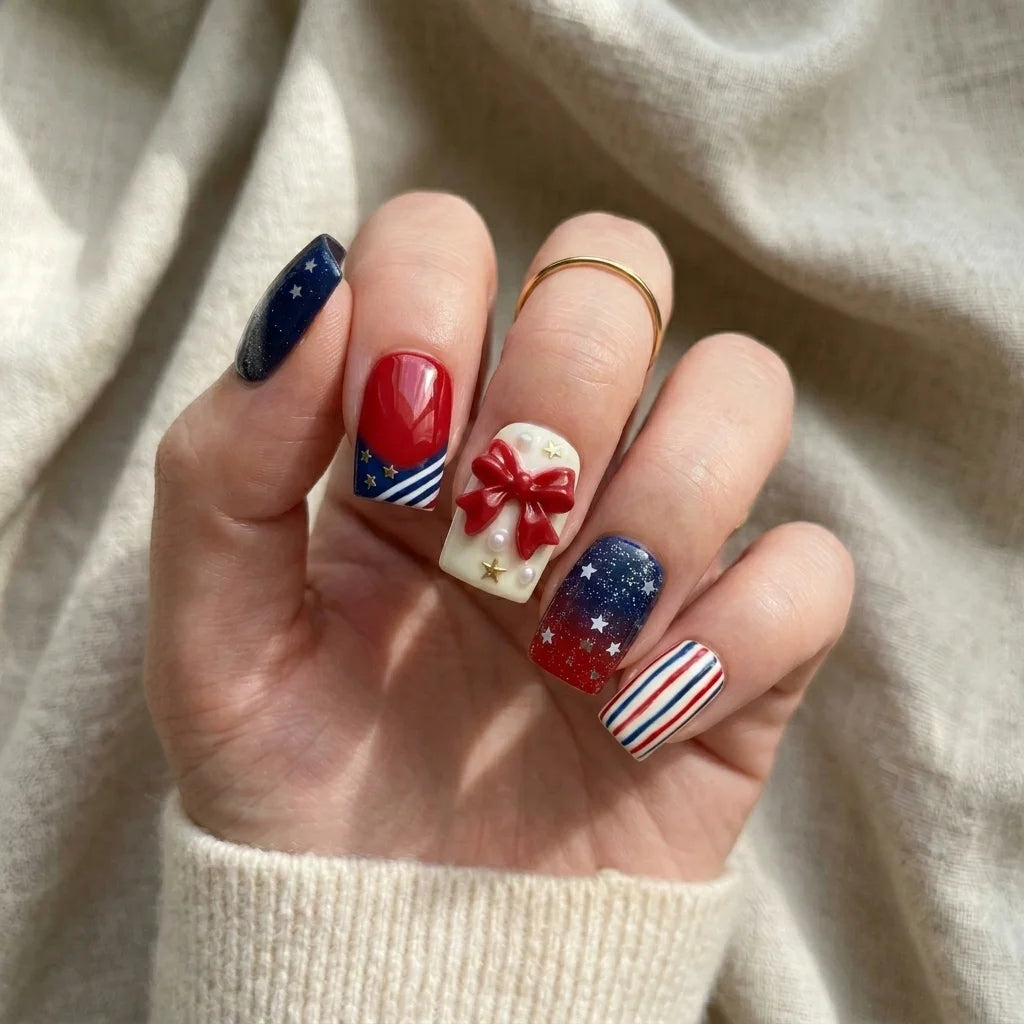 4th of July Themed Red White Blue Square Nails 4th of July Themed Red White Blue Square Nails — Short Press On Nails 2027