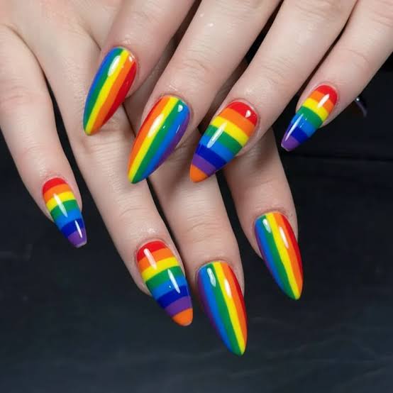 Vibrant Rainbow Stripe Glossy Coffin Nails — Long Coffin Nails 2027